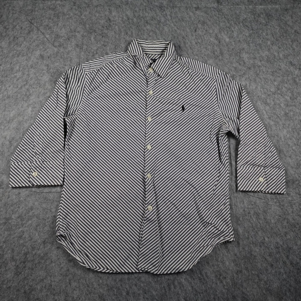 Ralph Lauren Top Womens 8 Gray Striped Slim Fit Button Up 3/4 Sleeve Collar